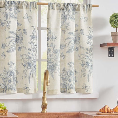 jinchan Half Window Curtains Small Drapes for Kitchen 36 Inch Rustic Floral Tier Curtains Farmhouse Butterfly Cafe Small Window Treatment for Dining Room Bathroom 2 Panels Blue on Beige