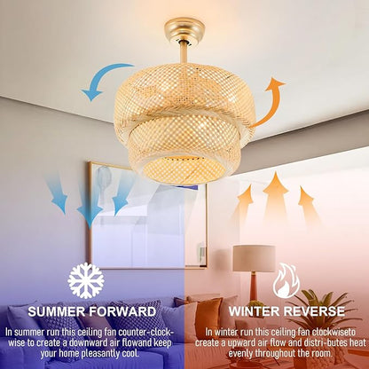 19.3" Bamboo Caged Ceiling Fan with Lights and Remote,4-Light Boho Rattan Ceiling Fan with Light Reversible Motor, Farmhouse Rattan Chandelier Fan for Bedroom, Living Room