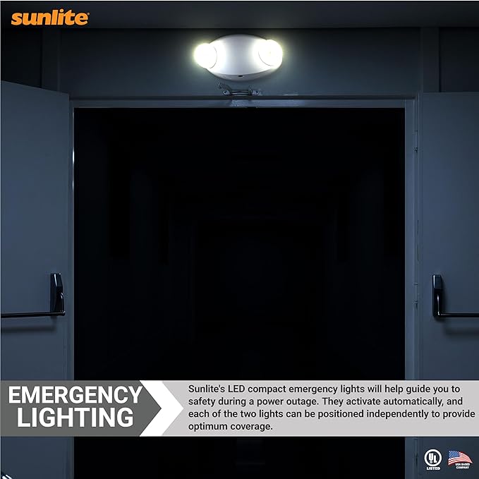Sunlite 05269-SU Compact LED Emergency Light Fixture, 2 Watts, 120-277 Volt, Dual Heads, 90-Minute Battery Backup, Wall or Ceiling Mount, IP20, UL Listed, White