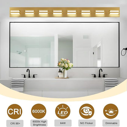 IZORRO LED Modern Bathroom Lights Fixtures(8-Light,Dimmable,360°Rotate),Brushed Glod Acrylic Wall Lighting,Vanity Lights for Bathroom Over Mirror - 6000k 48In （No Assembly Required）