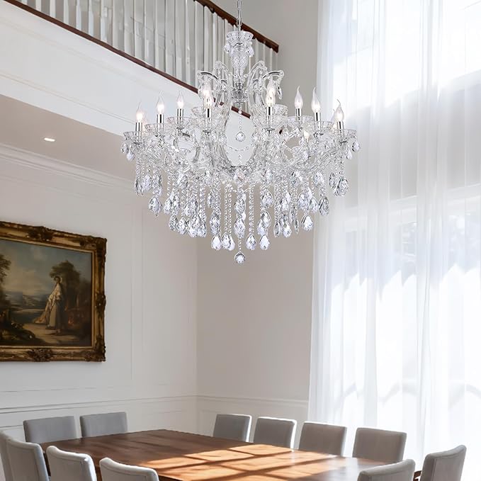 Modern Large Crystal Chandelier for High Ceiling, 18 Lights 2 Layers Luxury Maria Theresa Chrome Chandelier Light Fixtures for Dining Room, Living Room, Foyer, Staircase, Lobby