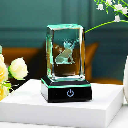 YWHL 3D Crystal Cat and Butterfly Figurine with Colorful Light Base, Laser Engraved Cat Gifts for Women Men on Birthday Christmas, Animal Figurine Collection for Home Decor