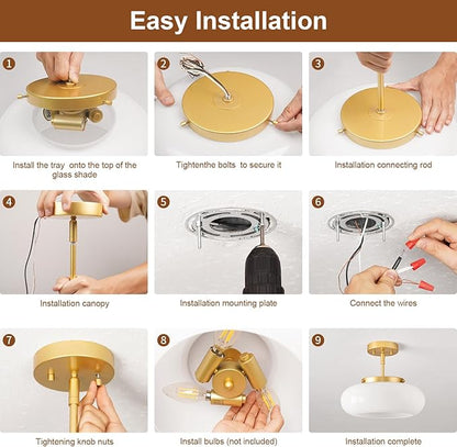 WOKNOS Mid-Century Modern Gold Semi Flush Mount Ceiling Light, 3-Light Kitchen Light Fixtures with Glass Shade for Entryway Hallway Bathroom Bedroom (12.6 Inch)