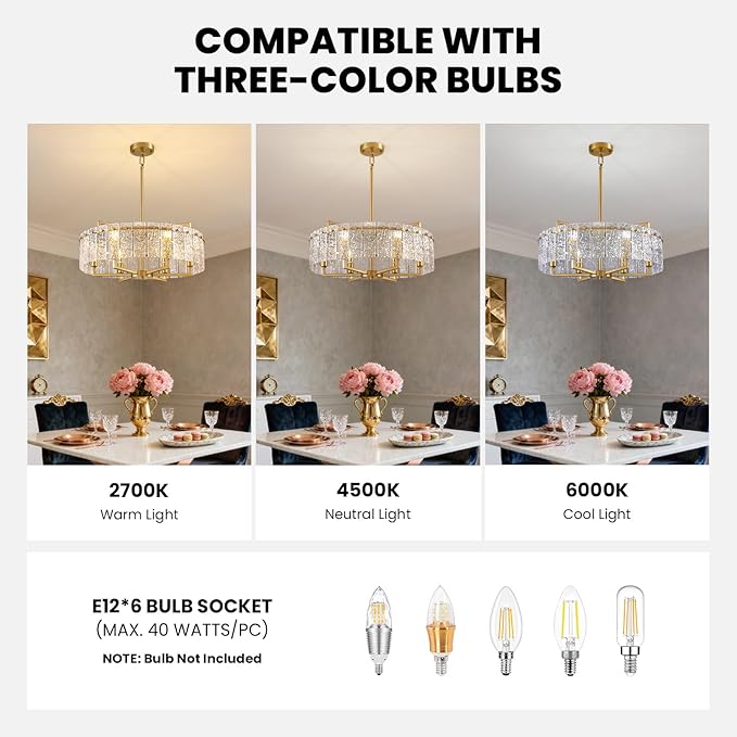 23.62" Gold Water Ripple Glass Chandeliers, 6-Light Modern Round Chandelier, Luxury Drum Chandelier Lighting Fixtures for Living Room Dining Room Kitchen Bedroom Foyer Hotel