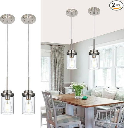 MELUCEE 2 Pack Pendant Lights Kitchen Island Brushed Nickel Adjustable Hanging Ceiling Lamp with Clear Glass Shade, Modern Glass Pendant Lights for Dining Table Hallway Living Room