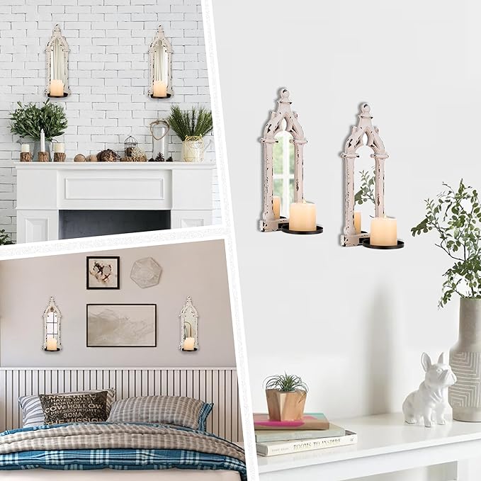 Farmhouse Mirror Wall Candle Sconces Set of 2 - Shabby Chic Decor Rustic Candle Holder French for Bathroom Living Room Mirrored Sconce