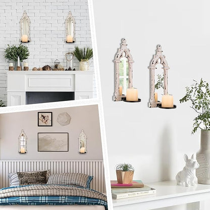 Farmhouse Mirror Wall Candle Sconces Set of 2 - Shabby Chic Decor Rustic Candle Holder French for Bathroom Living Room Mirrored Sconce
