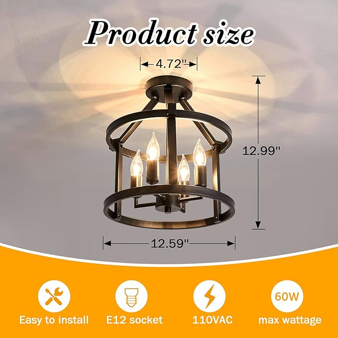 UOFUS 2-Pack Semi Flush Mount Ceiling Light Fixture Farmhouse Matte Chandelier Ceiling Lamp for Entryway Foyer Dining Room Bedroom Kitchen Hallway （Black Metal ）