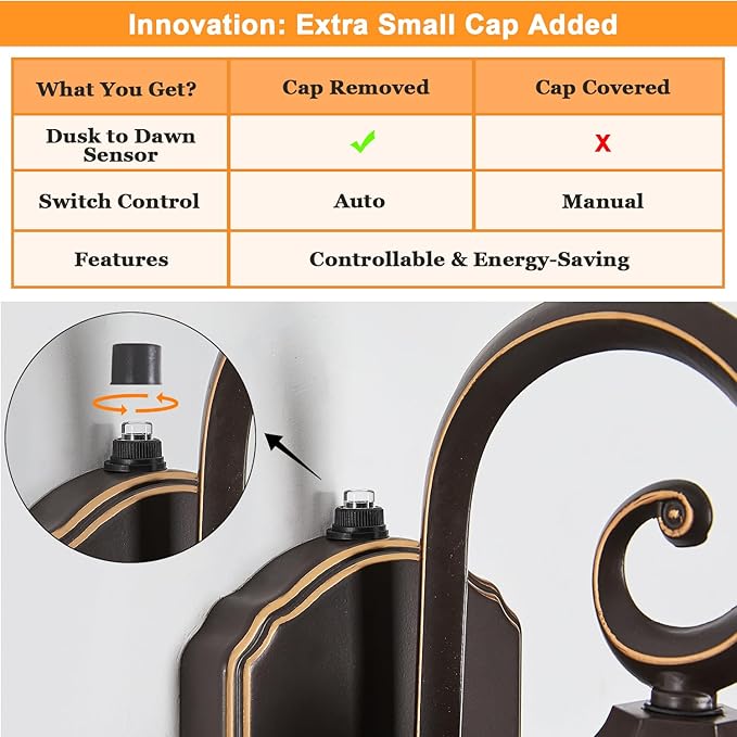 Dusk to Dawn Outdoor Wall Light in Oil Rubbed Bronze with Gold Rim 2-Pack Wall Lamp Outside Sensor Exterior Light Fixtures Wall Mount Porch Light E26 Exterior Wall Sconces for House Garden