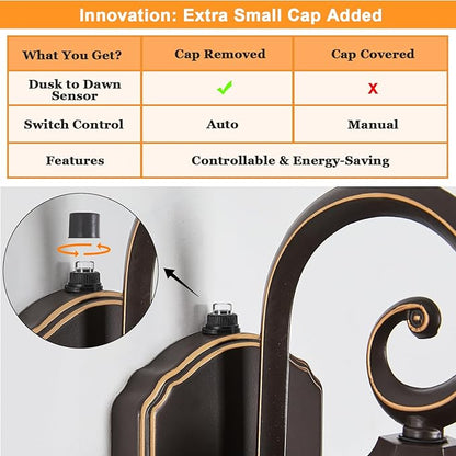 Dusk to Dawn Outdoor Wall Light in Oil Rubbed Bronze with Gold Rim 2-Pack Wall Lamp Outside Sensor Exterior Light Fixtures Wall Mount Porch Light E26 Exterior Wall Sconces for House Garden