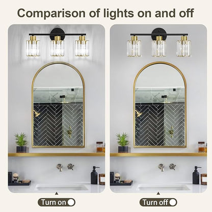 Crystal Bathroom Light Fixtures, Bathroom Lighting Fixtures Over Mirror, Modern Black Gold 3-Light Vanity Lights for Mirror, Restroom, Bedroom (Ceramic E26 Socket,Bulbs Not Include)