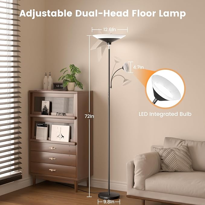 SIBRILLE RGB Torchiere Floor Lamp - 2 Way Dimmable LED Standing Lamp with Remote&Button Control, 34W Rotatable Floor Reading Light, 72'' Tall Modern Corner Lamp for Living Room Bedroom Office, Black