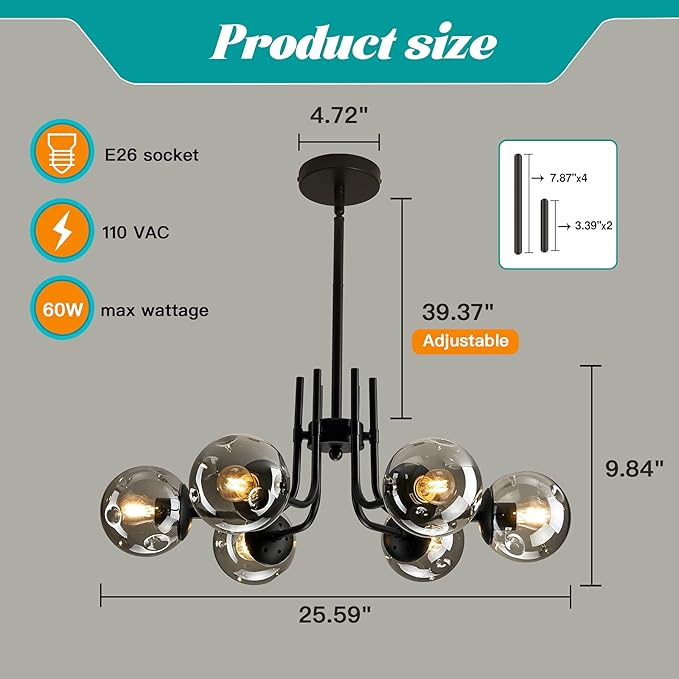 hesoge 6-Lights Glass Globe Sputnik Chandeliers Modern Metal Ceiling Light Fixture Black Semi Flush Mount Chandelier for Living Room Dining Room Bedroom Farmhouse Kitchen.