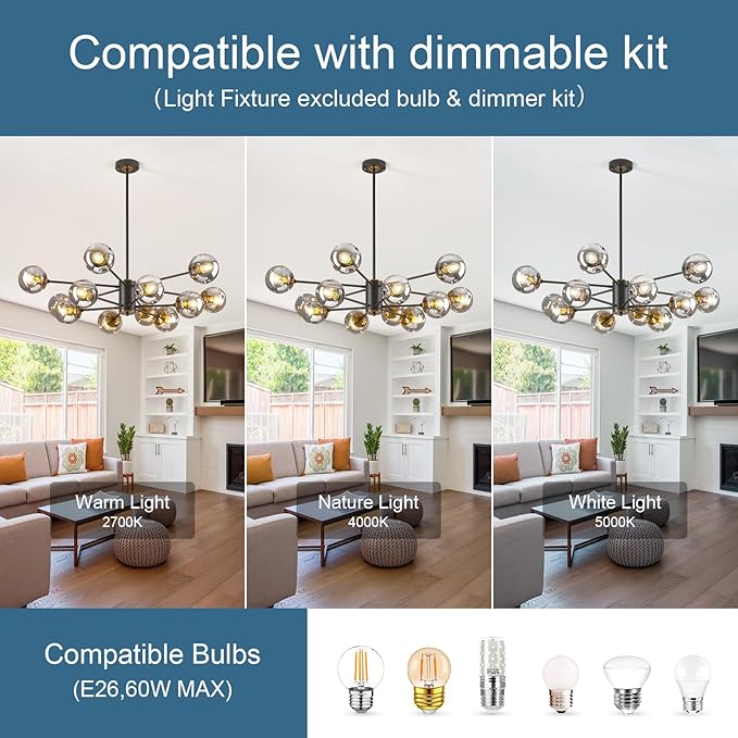 DDLLDESHI 2 Tiered Modern Gold Chandelier Sputnik Ceiling Light Fixture with 12 Globe Glass Bubble Shade Chandeliers for Dining Room Hotel Bar Home Billiard Room (41" Large Black Chandelier)