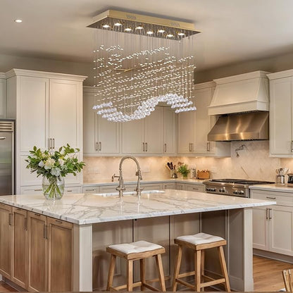 Siljoy Rectangular Gold Crystal Chandelier for Dining Room, 8-Light Modern Wave Raindrop Crystal Chandelier for Living Room Kitchen Island L31.5'' x W11.8'' x H32.2''