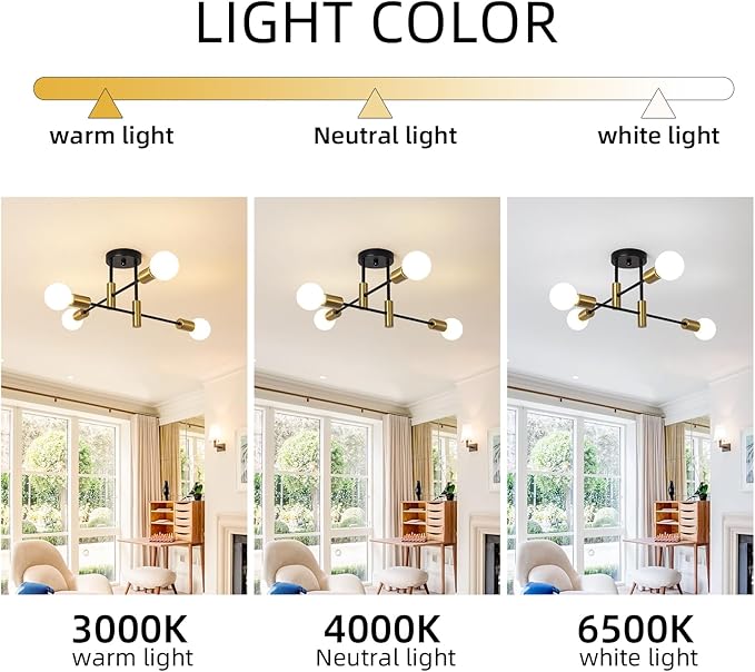 Garwarm Semi Flush Mount Ceiling Light Fixture,4-Light Gold and Black Modern Sputnik Chandelier, mid Century Light Fixture for Kitchen Dining Room Bedroom Foyer Entryway Hallway Closet