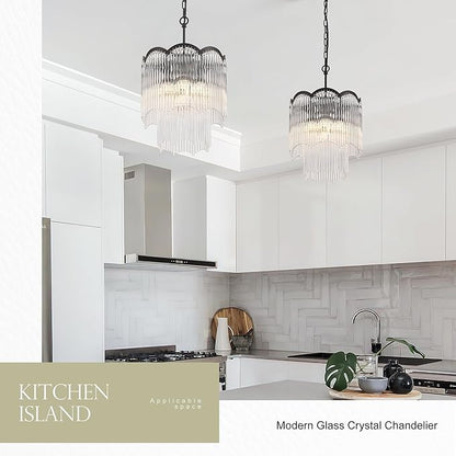 12.52" Black Clear Glass Crystal Pendant Light 5-Light Modern Crystal Pendant Ceiling Light Fixture 2-Tier Luxury Glass Chandeliers,for Dining Room Kitchen Island Living Room Bedroom
