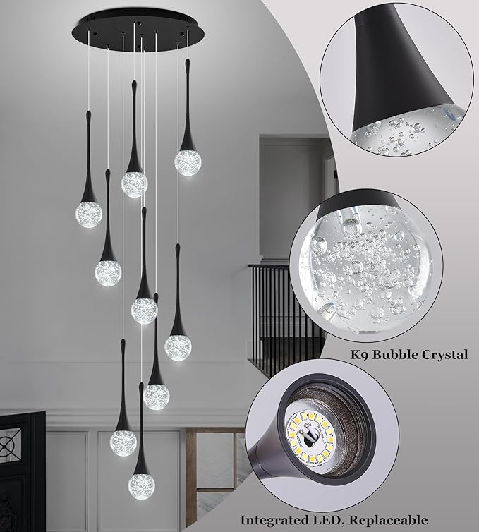 Modern Black Crystal Chandelier for High Ceiling 9-Lights, 99 Inches Luxury Spiral Dimmable LED Bubble Raindrop Pendant Lighting Fixture for Staircase Foyer Entryway Living Room