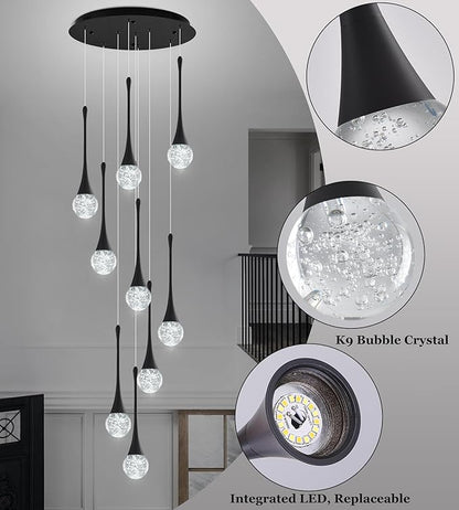 Modern Black Crystal Chandelier for High Ceiling 9-Lights, 99 Inches Luxury Spiral Dimmable LED Bubble Raindrop Pendant Lighting Fixture for Staircase Foyer Entryway Living Room