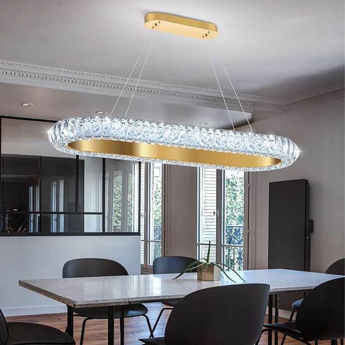 32'' Oval Ring Crystal Chandelier Modern LED Dimmable Ring Pendant Light Chandelier for Dining Room Living Room Gold