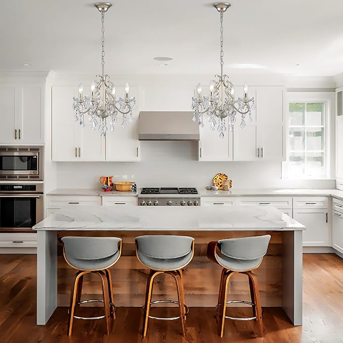 Crystal Chandelier Light Fixture, Modern K9 Crystal Chandeliers for Dining Room 4-Lights Nickel Pendant Ceiling Light Fixture for Entryway Kitchen Island Bathroom Bedroom Living Room, H 21" x W 17.7"