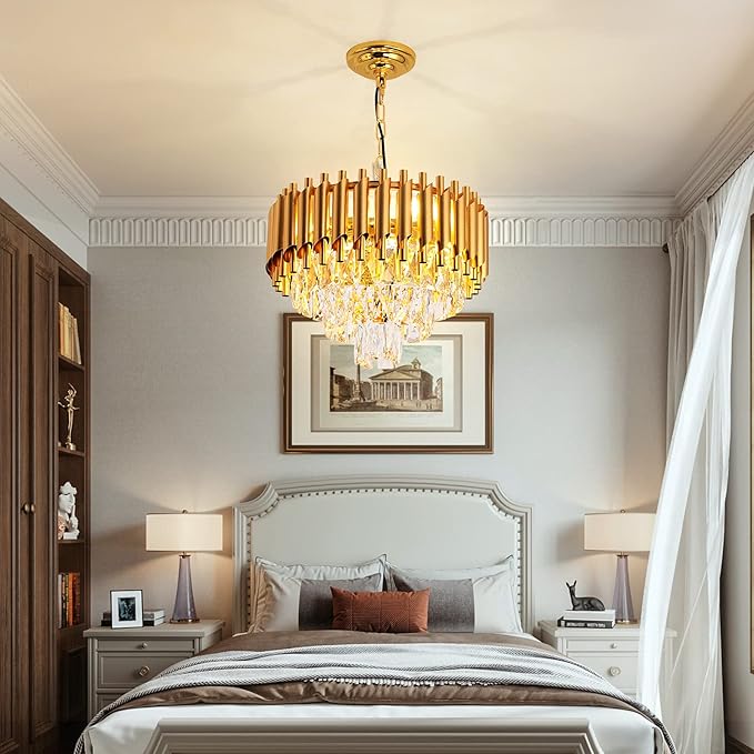 Modern Luxury Crystal Pendant Light Crystal Chandelier Round Chandelier Flush Mount Ceiling Lighting Fixture for Living Room Dining Room Table Restaurant,E12x4 Lights,Gold