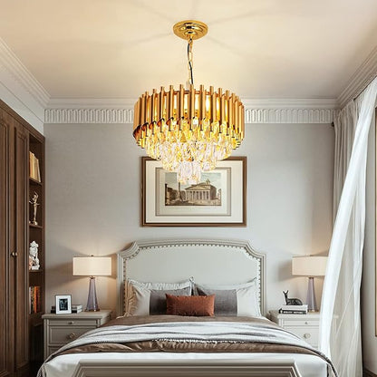 Modern Luxury Crystal Pendant Light Crystal Chandelier Round Chandelier Flush Mount Ceiling Lighting Fixture for Living Room Dining Room Table Restaurant,E12x4 Lights,Gold