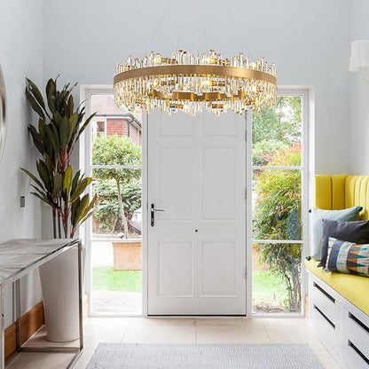 D39.4'' Large Crystal Chandelier, 20-Light Modern Gold 2-Tiers Crystal Raindrop Chandelier, Luxury Round Flush Mount Ceiling Light for Dining Living Room Kitchen Island Entryway Foyer