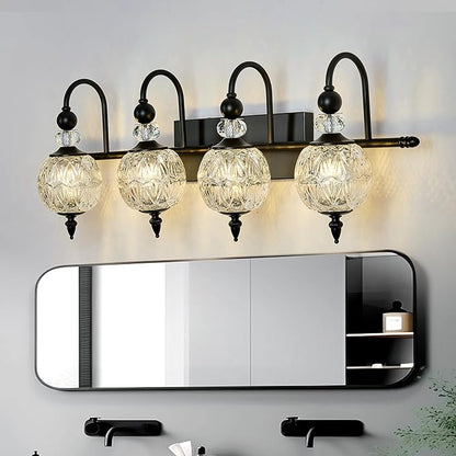 Piepooye Vintage Bathroom Light Fixtures Black Vanity Light with Glass Globe LampShade 4 Lights Mid Century G9 Bulb Wall Sconce Indoor Vanity Light Over Mirror for Kitchen Bedroom Farmhouse