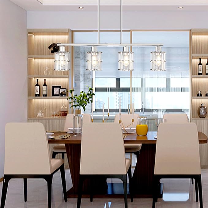 4 Light Kitchen Island Chandelier Brushed Nickel Finish Modern Pendant Light Ceiling Lighting Fixture Metal Clear Glass Dining Room Bar Café Kitchen Island