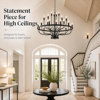 Shandaglo Large Black Chandelier 24-Light, Round 3-Tier Wagon Wheel Fixture, 39 in Farmhouse Candle Pendant with E12 Base for Dining Room, Foyer, Living Room, Hallway, High Ceiling