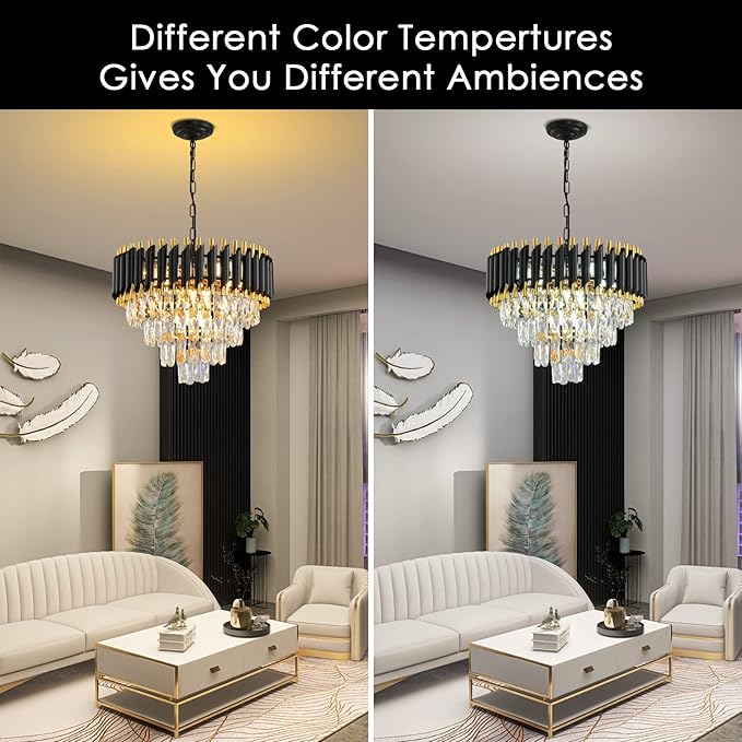 Gold Modern Crystal Chandeliers 4-Tier K9 Round Black and Gold Crystal Chandelier Light Fixture 7 Lights Hanging Pendant Ceiling Light Fixture for Dining Room Living Room Bedroom Entryway Foyer W20in