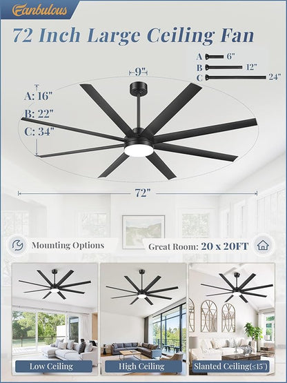 Fanbulous 72 Inch Large Ceiling Fans with Lights, Black Ceiling Fan with Remote Control, Dimmable, 3CCT, Quiet, Modern Ceiling fan For Living Room, Bedroom, Kitchen, Patio, Outdoor