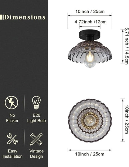 ANYLOVE 10 Inch Smoke Gray Vintage Glass Semi Flush Mount Ceiling Light, E26 Socket for Bedroom Kitchen Hallway Foyer