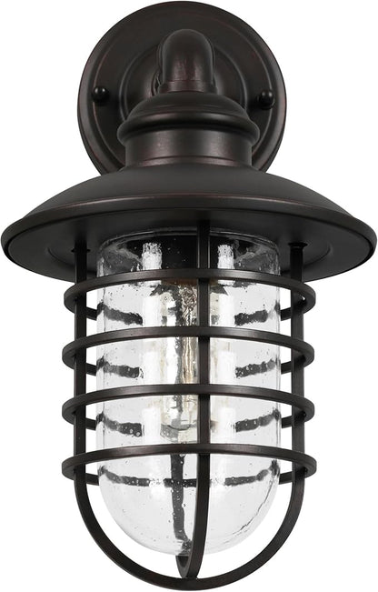 Design House 588970-BRZ Stevenson Rustic Industrial 1-Light Indoor Outdoor Dimmable Wall Light with Clear Seedy Glass and Metal Wire Shade for Kitchen Hallway Bedroom Bathroom Patio, Bronze