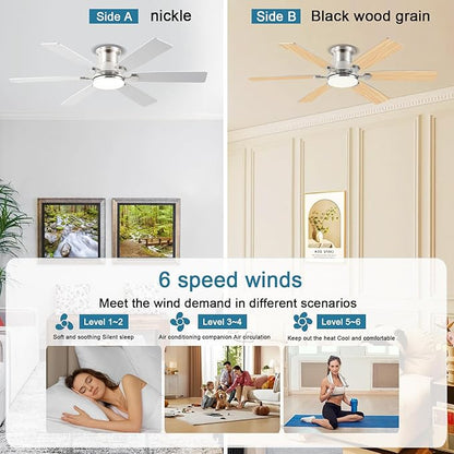 52inch Low Profile Ceiling Fan with Light and Remote/APP Control, LED Dimmable DC ReversibleModern, Flush Mount,6 Blade,Nickel Ceiling Fan for Bedroom Living Room/Outdoor Use