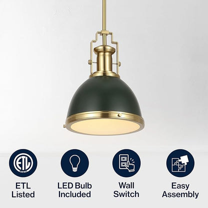 JONATHAN Y 10" Brass Gold Kombu Green 1-Light Metal Dome Pendant Modern Industrial Hanging Light for Kitchen Island Dining Room Adjustable Height LED Bulb Included JYL9535H