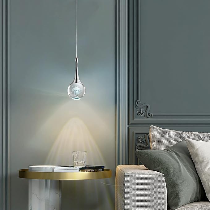 CHYING 3 Pack Mini Modern LED Pendant Lights Kitchen Island, Chrome 5W Crystal Globe Jellyfish Pendant Lighting for Dining Room Bathroom Bedroom Entry Foyer Bar, 6000K Cool White