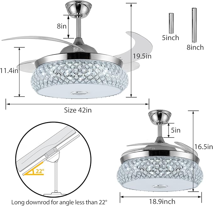 42" Invisible Ceiling Fan Chandelier with Light and Bluetooth Speaker,Modern 3 Color Change Crystal Ceiling Fan Light Remote Control 4 Retractable ABS Blades for Bedroom