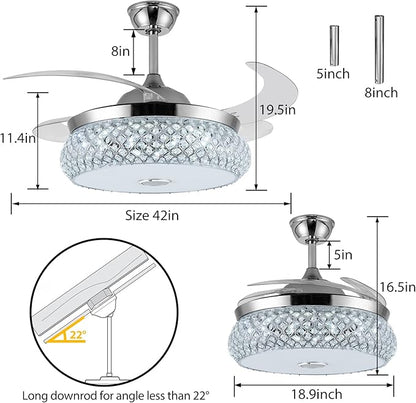 42" Invisible Ceiling Fan Chandelier with Light and Bluetooth Speaker,Modern 3 Color Change Crystal Ceiling Fan Light Remote Control 4 Retractable ABS Blades for Bedroom