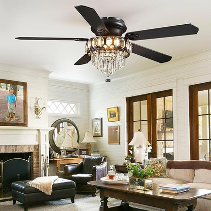Asyko 52" Low Profile Crystal Ceiling Fan Fandelier with Lights and Remote Control- Retro/Farmhouse Ceiling Fans with Noiseless DC Motor, Flush Mount Ceiling Fan Light for Dining Room,Bedroom