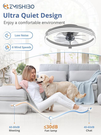 ZMISHIBO Low Profile Ceiling Fans with Lights and Remote, 20 Inch Flush Mount Ceiling Fan with Light, 3000K-6000K Dimmable Fandelier LED Fan Light, 6 Wind Speeds Grey Ceiling Fans for Bedroom