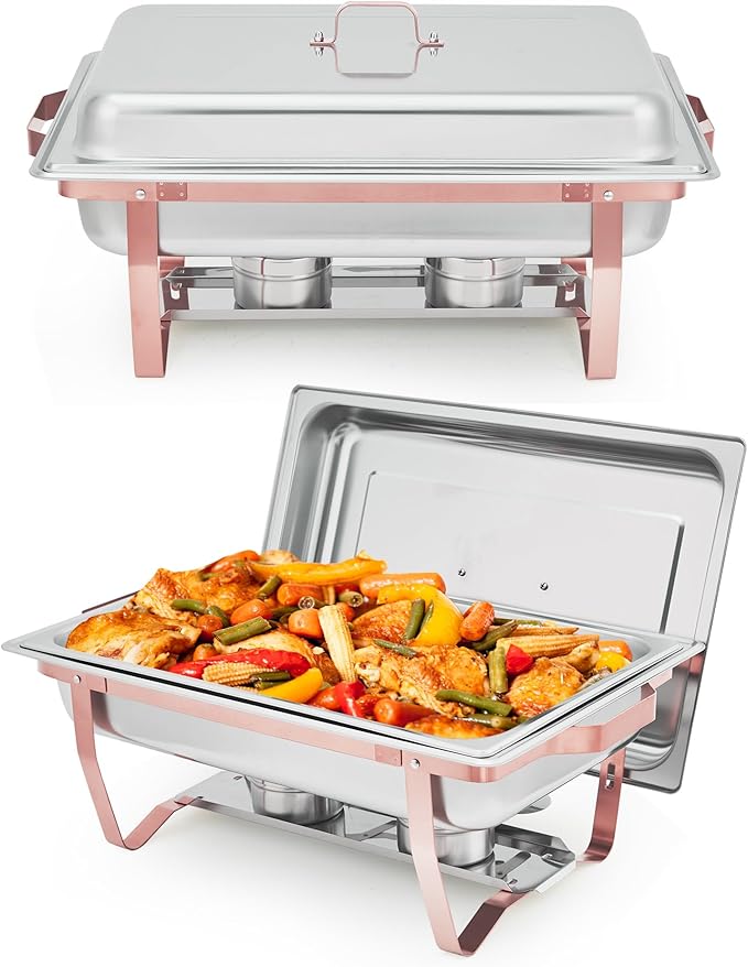 Garvee Chafing Dishes for Buffet Set of 2, 8QT Buffet Servers and Warmers Set with Lid & Foldable Frame, Rectangular Stainless Steel Chafer Food Warmer for Parties Wedding Catering Supplies, Rose Gold