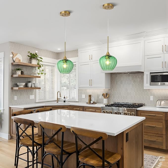 2Pack Green Glass Pendant Light, 7" Modern Glass Pendant Lighting Vintage Green Ceiling Fixtures Mini Hanging Lamp for Kitchen Island Dining Room Restaurant Bar Bedroom