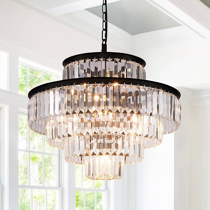 Black Modern Crystal Chandelier Pendant Ceiling Lights Chandeliers Lighting Fixture for Dining Living Room Foyer Hallway 13-Lights (Dia 24 Inch)