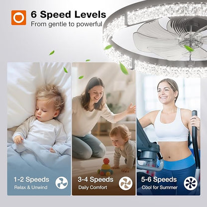 addlon Ceiling Fans with Lights and Remote, 24'' Low Profile Flush Mount Ceiling Fan, 3000–6000K Dimmable LED Fandelier, Bladeless Crystal Fan Light for Bedroom, Kitchen, Living Room, Black