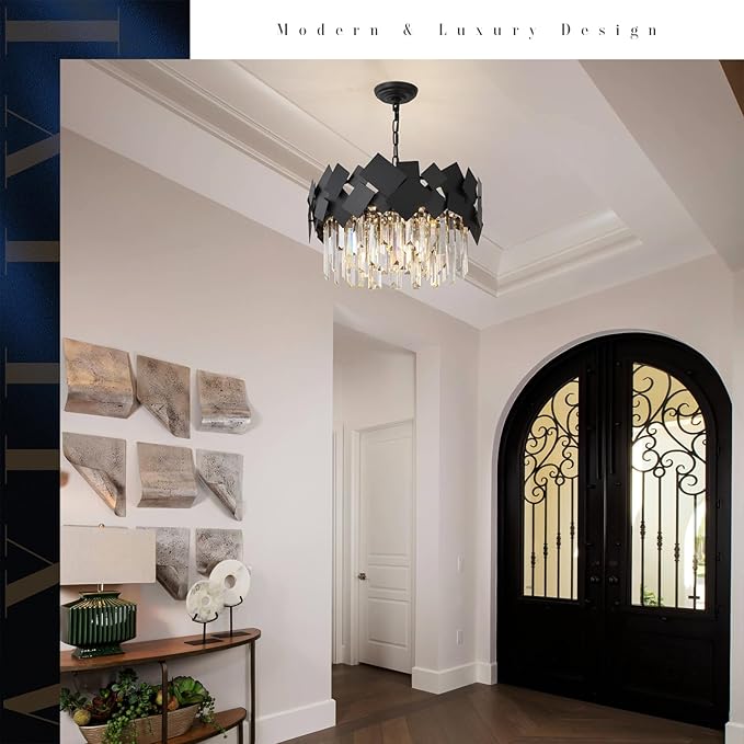 A AXILIXI Modern Crystal Chandelier Black Round Chandelier for Dining Room, Drum Pendant Light Fixture 7-Light 20” Luxury Ceiling Light Contemporary for Entryway Foyer Bedroom