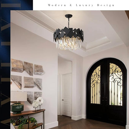 A AXILIXI Modern Crystal Chandelier Black Round Chandelier for Dining Room, Drum Pendant Light Fixture 7-Light 20” Luxury Ceiling Light Contemporary for Entryway Foyer Bedroom