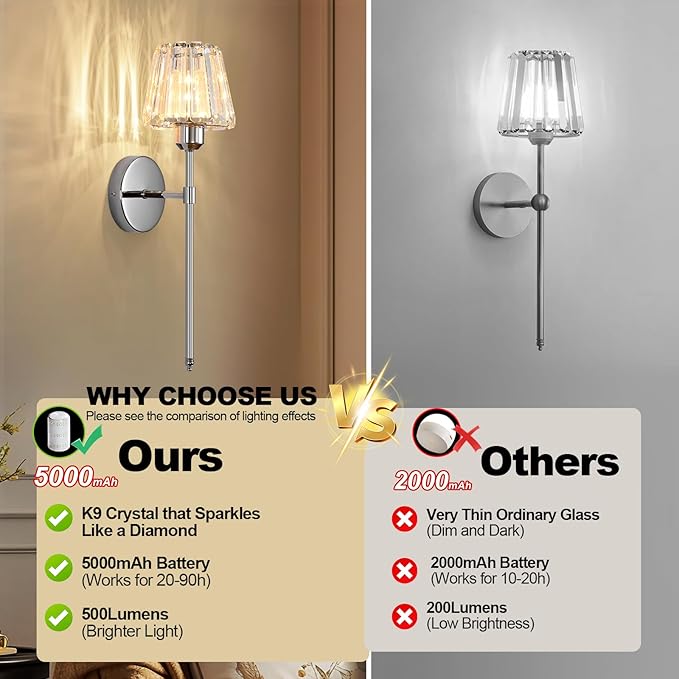 Battery Operated Crystal Wall Sconce Set of 2, Chrome Rechargeable Wireless Wall Sconces with Remote Dimmable 12 Colors Modes Led Wall Lights for Bedroom Living Room Hallway, 2 Bulbs Included