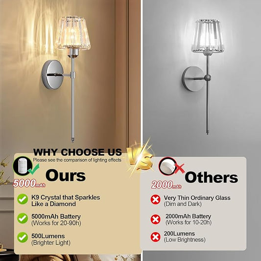 Battery Operated Crystal Wall Sconce Set of 2, Chrome Rechargeable Wireless Wall Sconces with Remote Dimmable 12 Colors Modes Led Wall Lights for Bedroom Living Room Hallway, 2 Bulbs Included